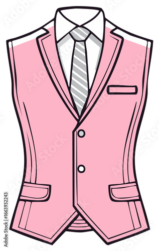 Elegant men's formal wear illustration with a pink waistcoat, shirt, and striped tie.