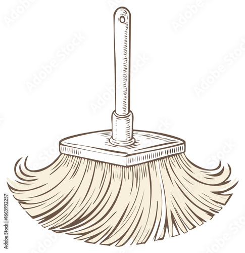 Hand drawn vintage style illustration of a wide sweeping broom with a wooden handle