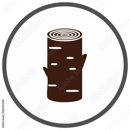 Stylized simple illustration of a dark brown tree trunk section with rings and branch stubs within a grey circle