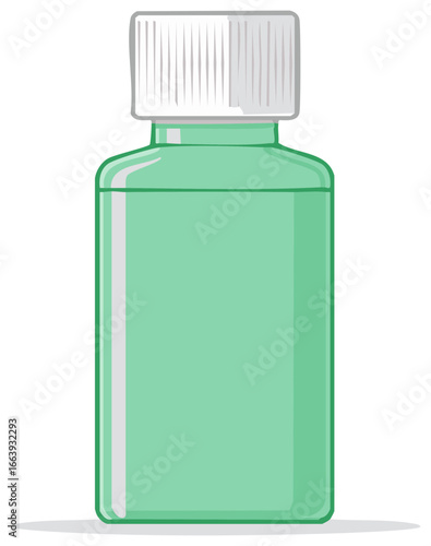 Green Rectangular Liquid Bottle with Ribbed White Cap Vector Illustration