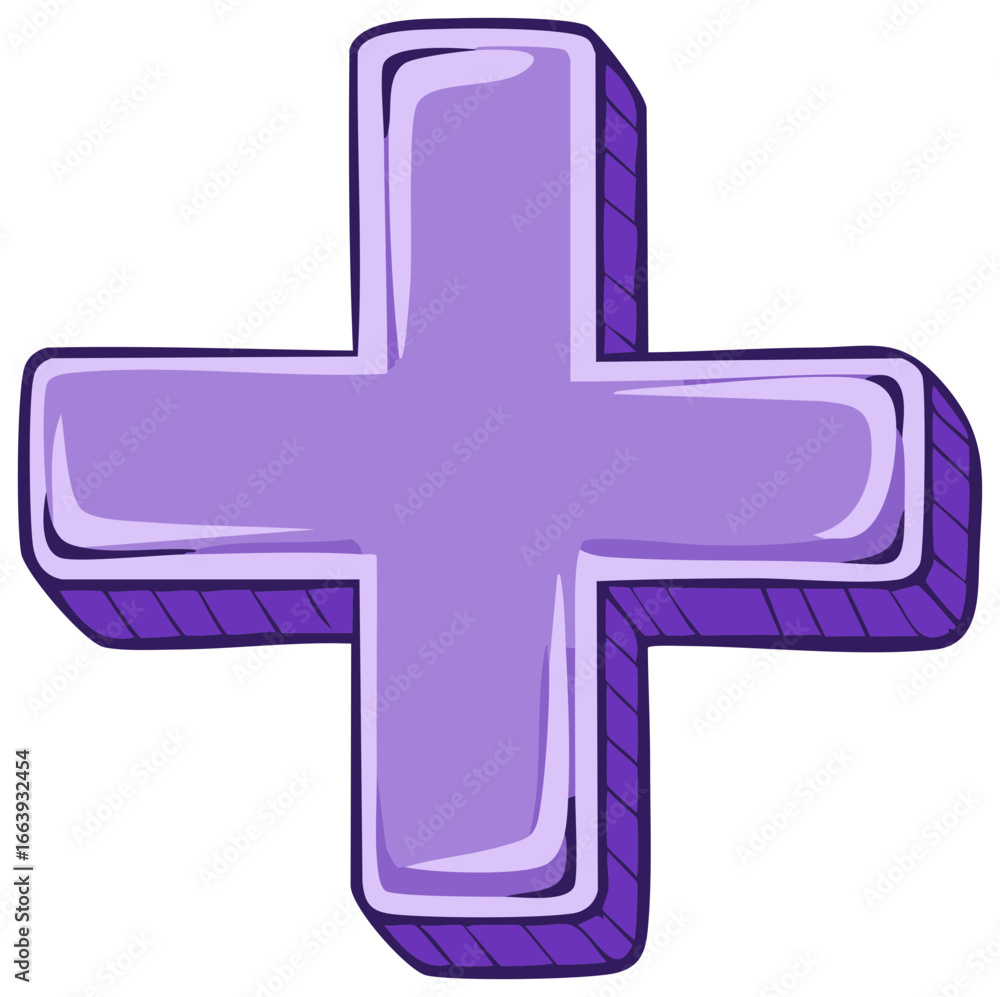 Fototapeta premium A bold cartoon style purple plus symbol with a thick outline and dimensional shading
