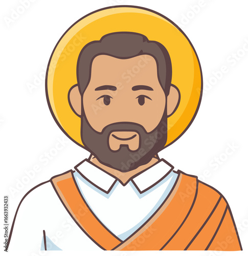 Cartoon illustration of a smiling bearded man with a halo and draped clothing