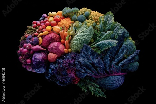 A colorful brain formed from various fruits and vegetables