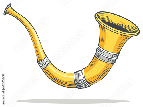 Traditional Alpine Horn Illustration with Silver Bands