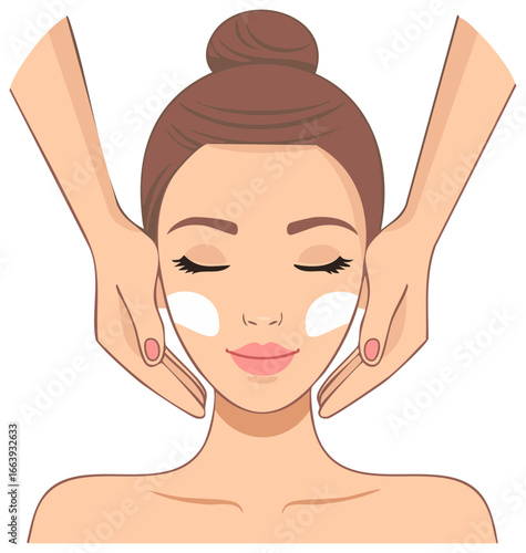 Woman receives facial massage with cream, beauty spa treatment, and relaxation, skincare routine at home