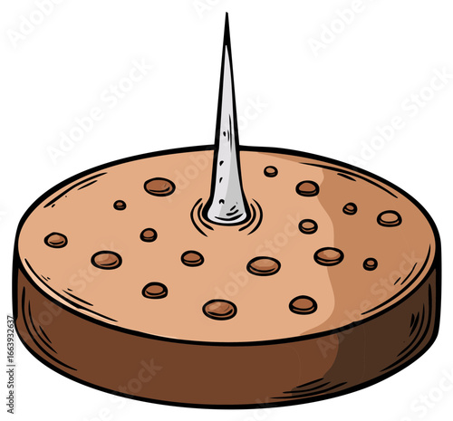 A cartoon style illustration of an antique office receipt spike paper holder with a sharp metal point