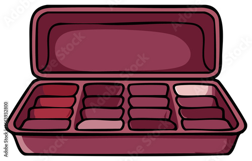 Open maroon box with organized levels and compartments for storage and display purposes