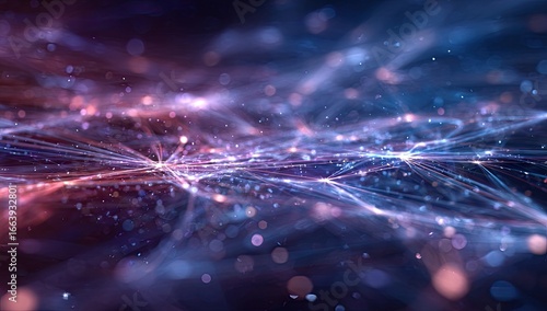 Abstract digital network.  A swirling, vibrant,  network of light streaks and particles.  Colors shift from deep purples and blues to warm pinks and oranges. 