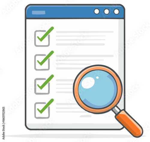 Digital compliance audit concept with a magnifying glass inspecting a completed online checklist