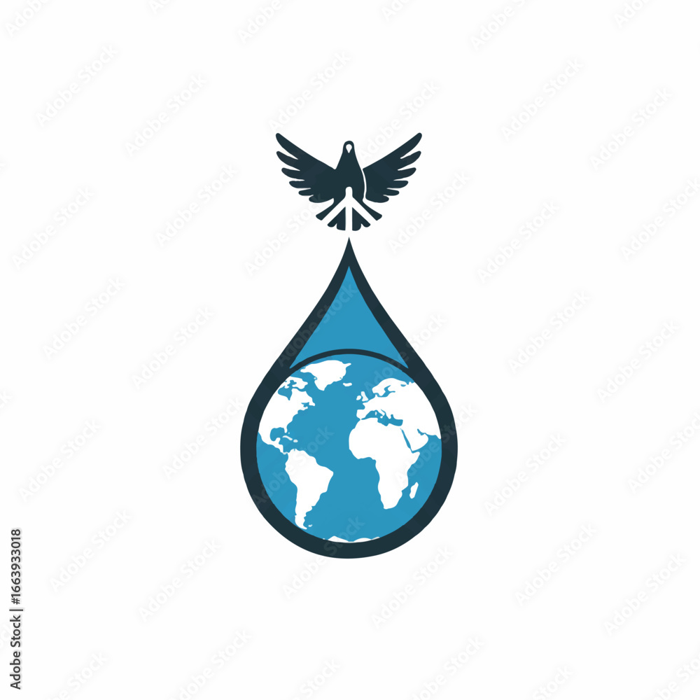 Fototapeta premium A graphic illustration depicts a hopeful peace dove ascending from a teardrop shape containing a globe, symbolizing global unity and the end of conflict on a clean white background.