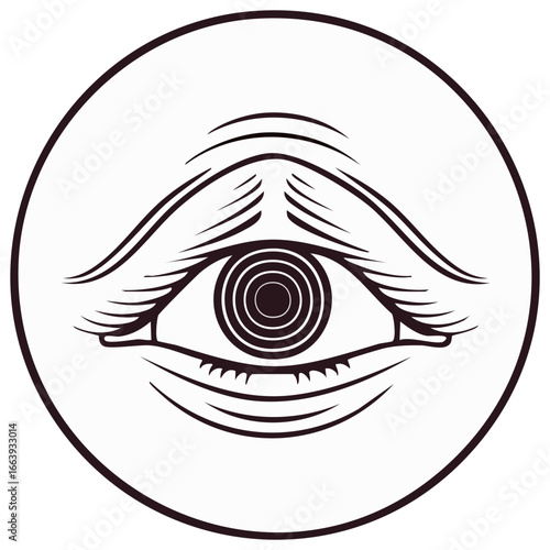 Monoline Eye Vector Art in a Circle Shape. A Single Eye with Lashes and Eyebrows. Isolated Clip Art. Mysterious Look.