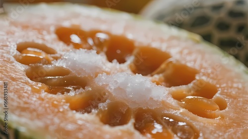 Close-up of a halved melon with visible seeds and juicy flesh