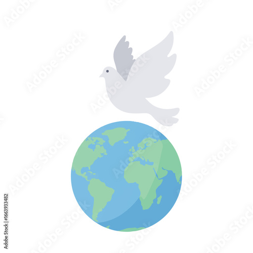 A minimalist 2D flat vector illustration depicts a graceful peace dove soaring high above a stylized globe, beautifully isolated on a clean white background, symbolizing global unity and hope.
