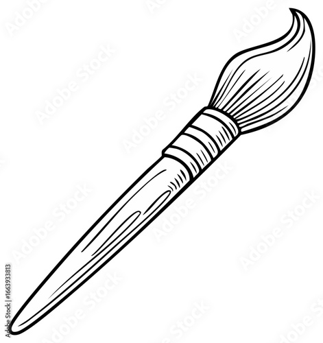 Isolated illustration of a paintbrush with a curved brush head and a wooden handle.