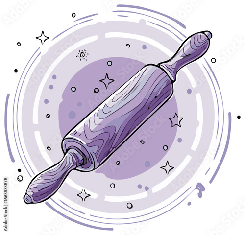 Magical wooden rolling pin illustration in purple tones with stars and sparkles
