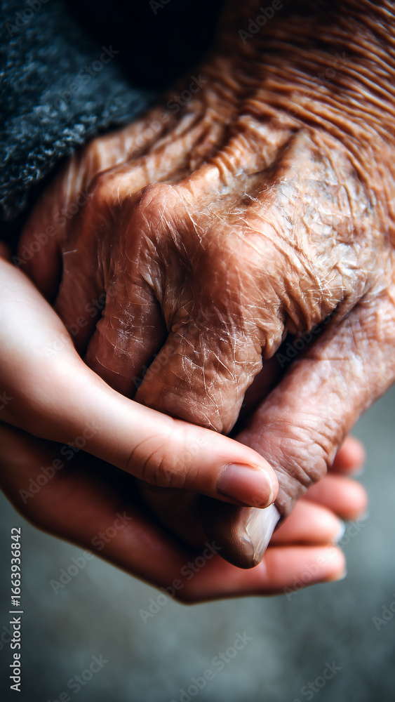 Fototapeta premium Young Person Gently Holding the Wrinkled Hands of an Elderly Person