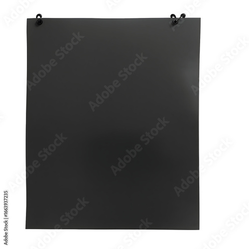 Blank black poster board with grommets hanging by wires against a white background, ready for your creative display or design