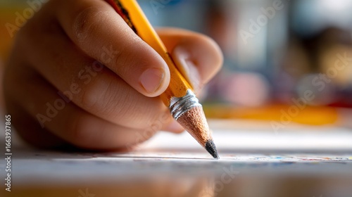 Child's hand holding a yellow pencil writing on paper close up.