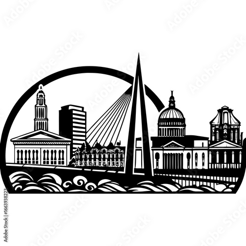 Cityscape silhouette featuring buildings bridge and water within a circular frame design showing urban architecture