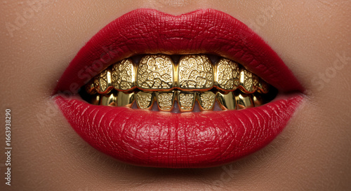 Close up of a mouth with red lipstick and gold teeth grills showing a bold and glamorous expression