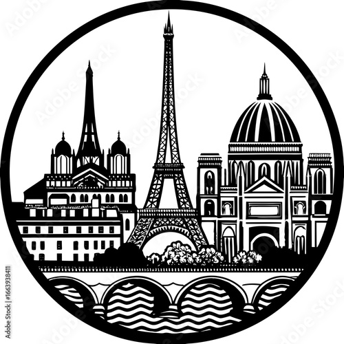 Parisian skyline silhouette featuring eiffel tower notre dame and pantheon within a circular frame design