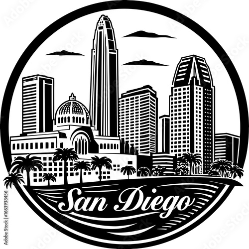 Black and white illustration of san diego skyline with palm trees in circular frame design style