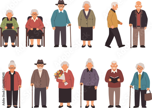 Diverse group of elderly men and women in casual and formal attire standing and sitting with canes and accessories
