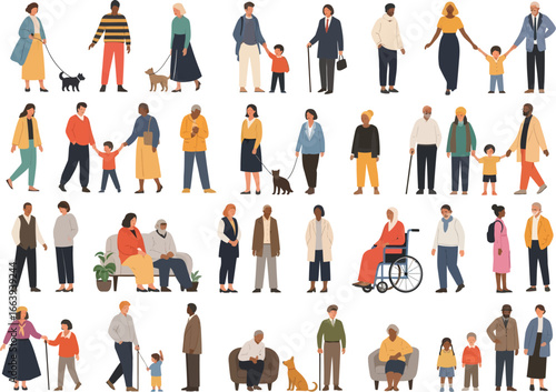 Diverse group of people of various ages and ethnicities interacting in a lively outdoor setting with pets and children present