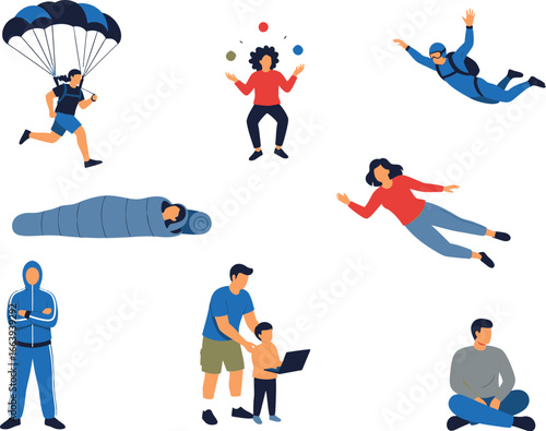 Collection of diverse people engaged in various activities including extreme sports leisure and everyday life
