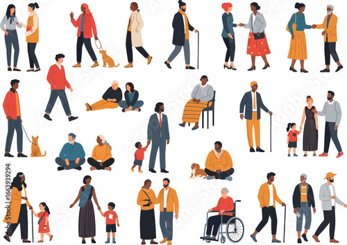 Diverse group of people of all ages and ethnicities interacting and enjoying leisure time together outdoors on a white background