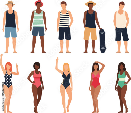 Diverse group of young men and women in stylish summer beachwear and swimwear posing confidently against a white background