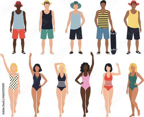 Diverse group of men and women in summer beachwear posing confidently against a white background