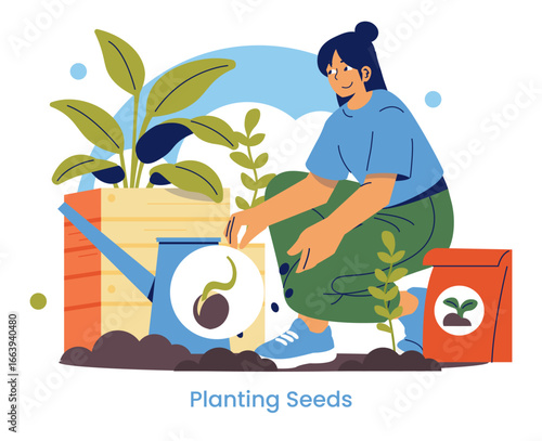 Woman Planting Seeds in Garden Vector Illustration