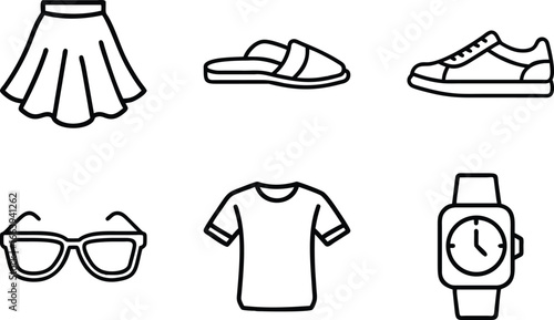 Fashion and clothing line icons including skirt shoes and watch