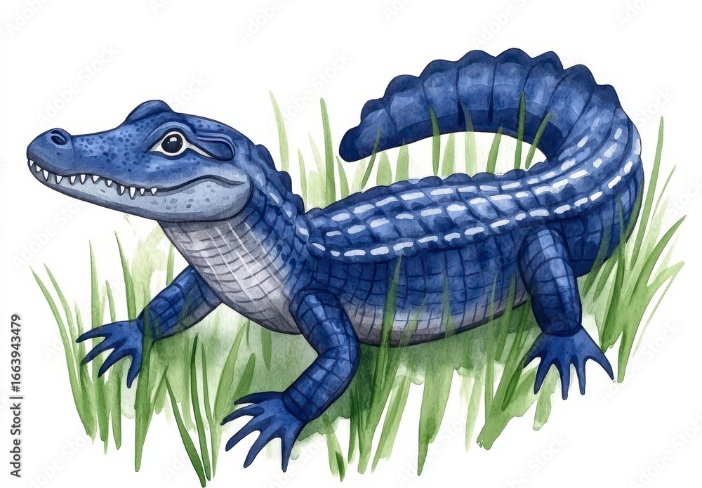 Fototapeta premium Colorful Cartoon Alligator in Lush Green Grass Landscape