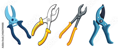 Hand Tools Illustration Set, Pliers, Cutters, Garden Shears, Repair and Maintenance Tools