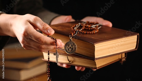 Hands holding religious books and rosary