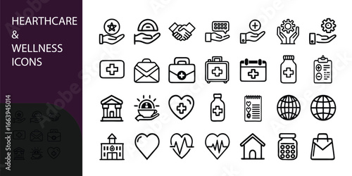 Healthcare and Wellness Icon Set, Medical, Fitness, Pharmacy, and Healthy Lifestyle Symbols