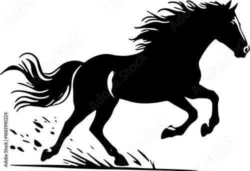 Black and white vector silhouette of a powerful horse running with dynamic motion and flying mane, isolated on white background