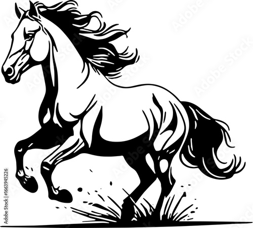 Black and white vector silhouette of a powerful horse running with dynamic motion and flying mane, isolated on white background