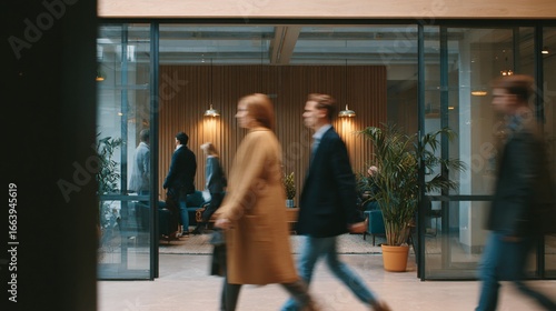 People walking in a modern building with glass doors and light colored walls.