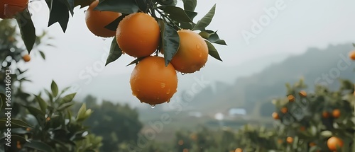 Ripe oranges hanging on a tree branch in a misty orchard setting