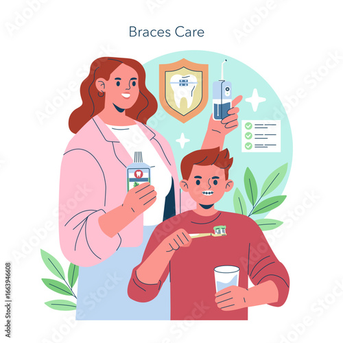 Braces Care Routine Vector Illustration with Smiling Child
