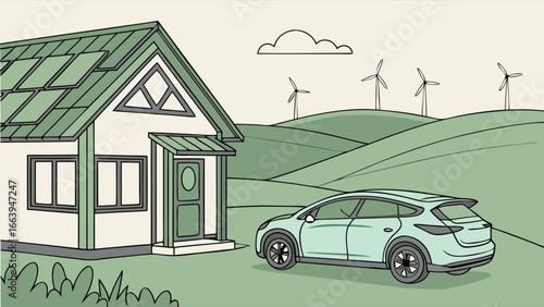 Sustainable living eco-friendly house with electric car and wind turbines