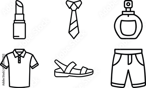 Fashion and clothing line icons including lipstick tie perfume polo shirt sandals and shorts 1