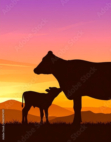 Silhouette of cow and calf at sunset