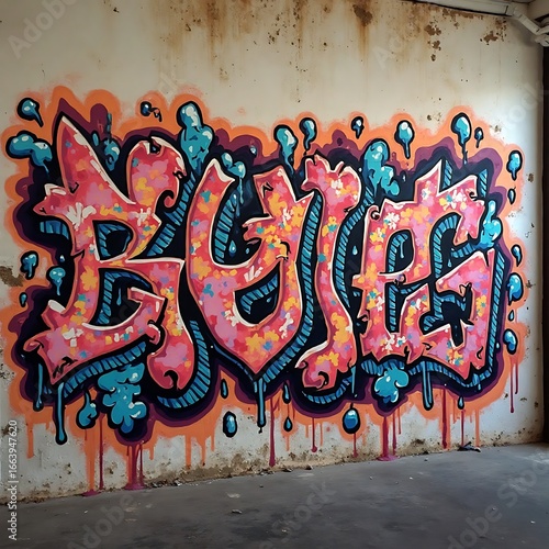 Colorful Graffiti Art on Weathered Wall with Vivid Pink Lettering