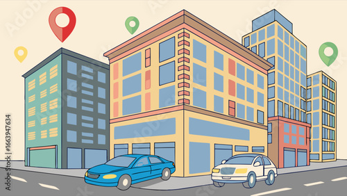 Modern city buildings with cars and navigation markers