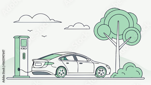 Electric car charging station with a modern sedan and a leafy tree