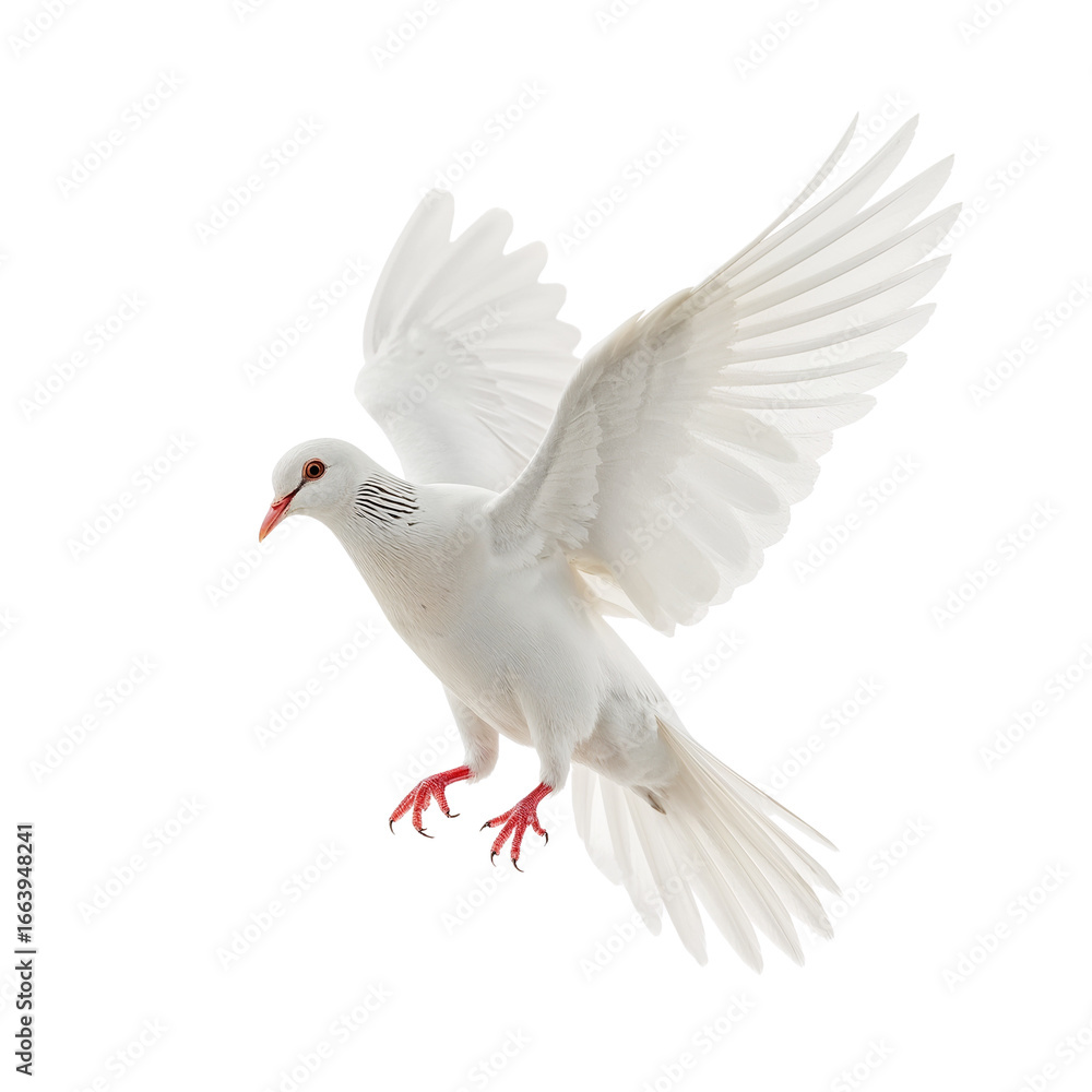 Obraz premium Majestic white dove in full flight captured against a stark black backdrop gracefully showcasing